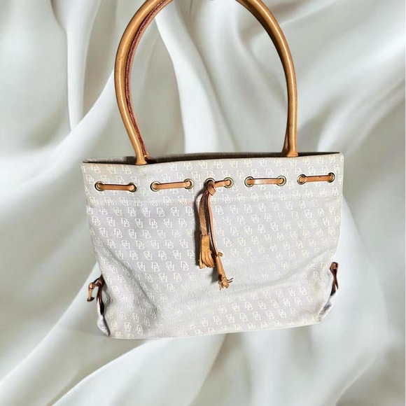 Dooney & Bourke Handbags - Dooney & Bourke light lavender signature monogram canvas tote leather trim y2k